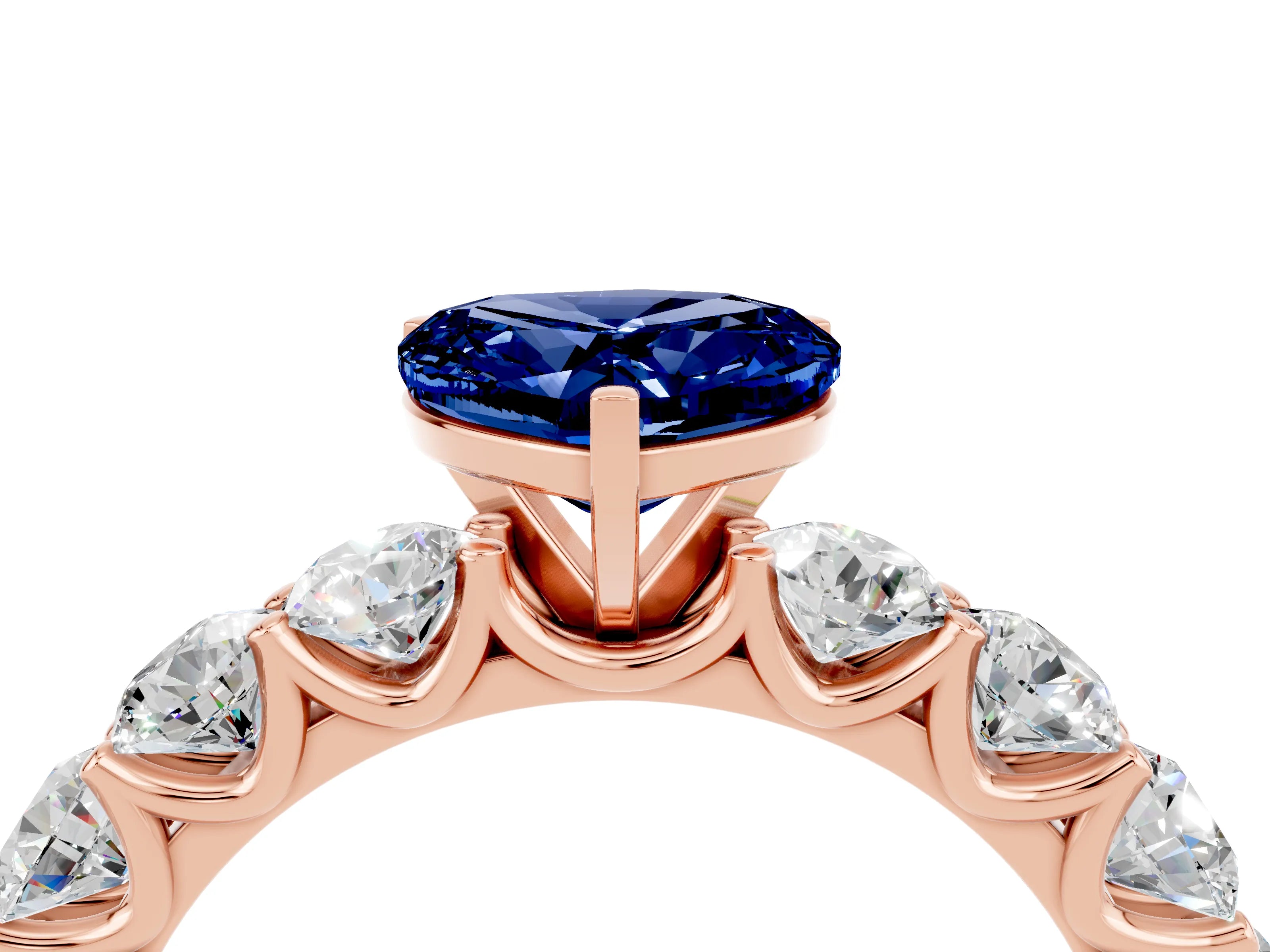Rose gold Heart Cut Blue Sapphire Prong Setting with Side Stones on a Pave Band_4