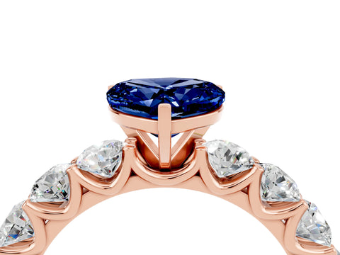 Rose gold Heart Cut Blue Sapphire Prong Setting with Side Stones on a Pave Band_4