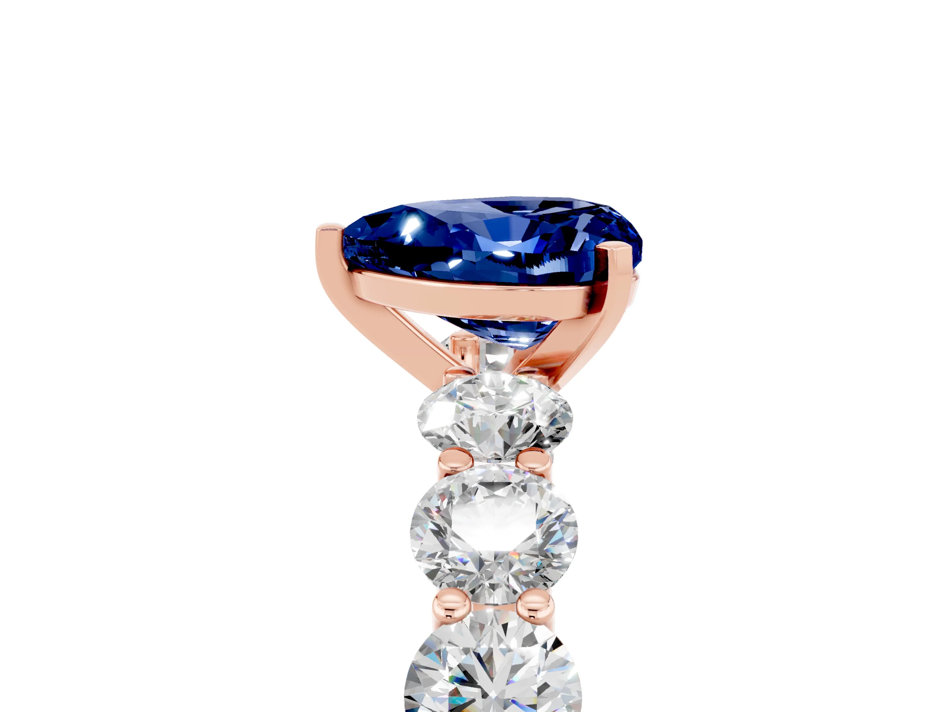 Rose gold Heart Cut Blue Sapphire Prong Setting with Side Stones on a Pave Band_5