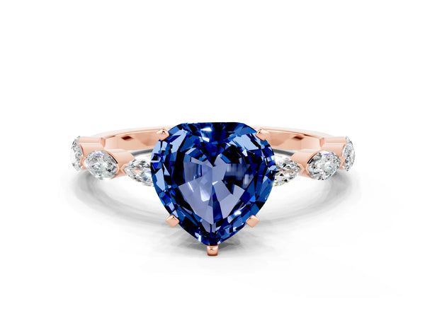 Rose gold Heart Cut Blue Sapphire Ring with Marquise Side Stones and Prong Setting