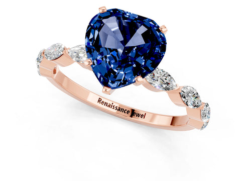 Rose gold Heart Cut Blue Sapphire Ring with Marquise Side Stones and Prong Setting_1