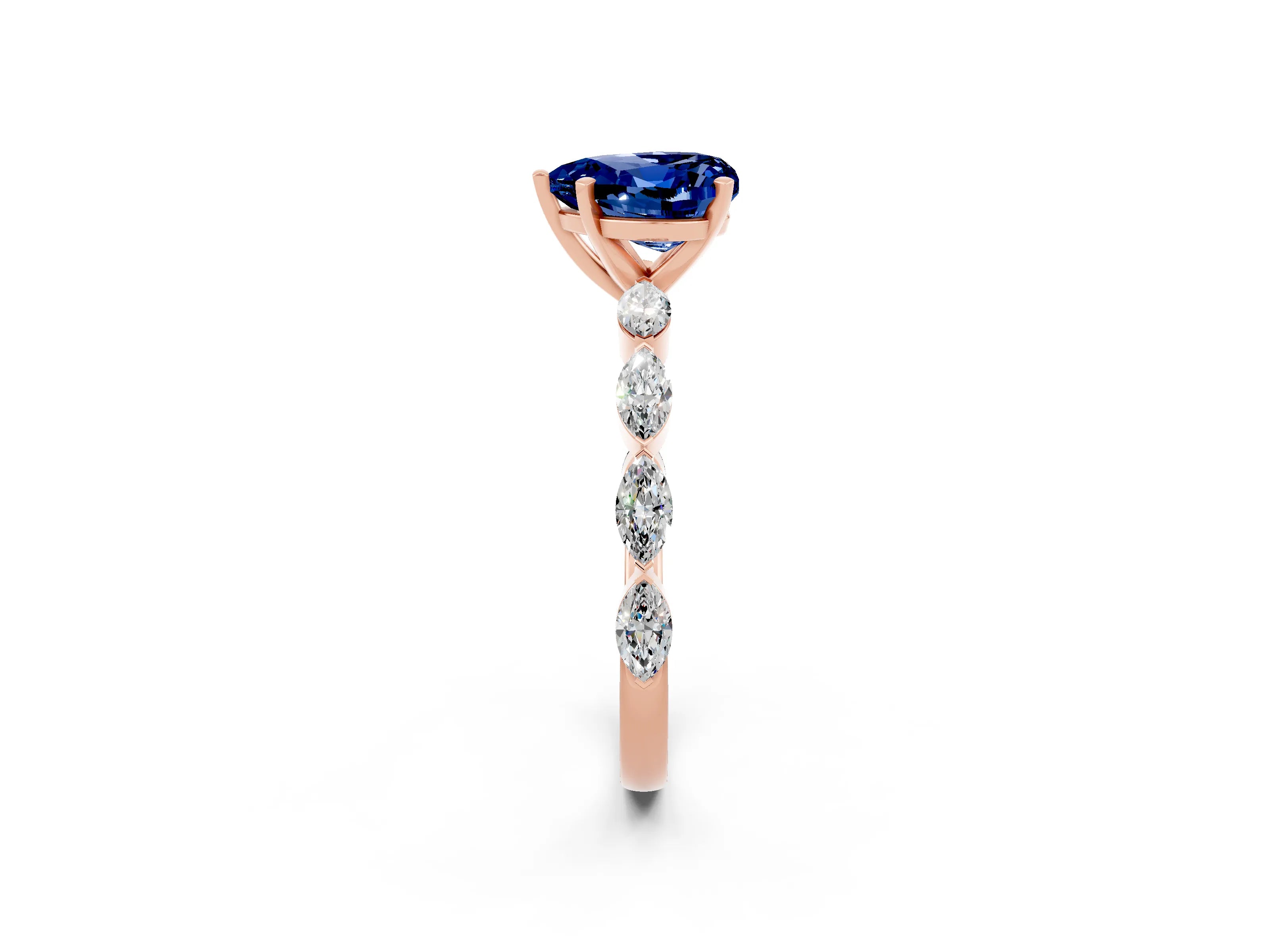 Rose gold Heart Cut Blue Sapphire Ring with Marquise Side Stones and Prong Setting_2