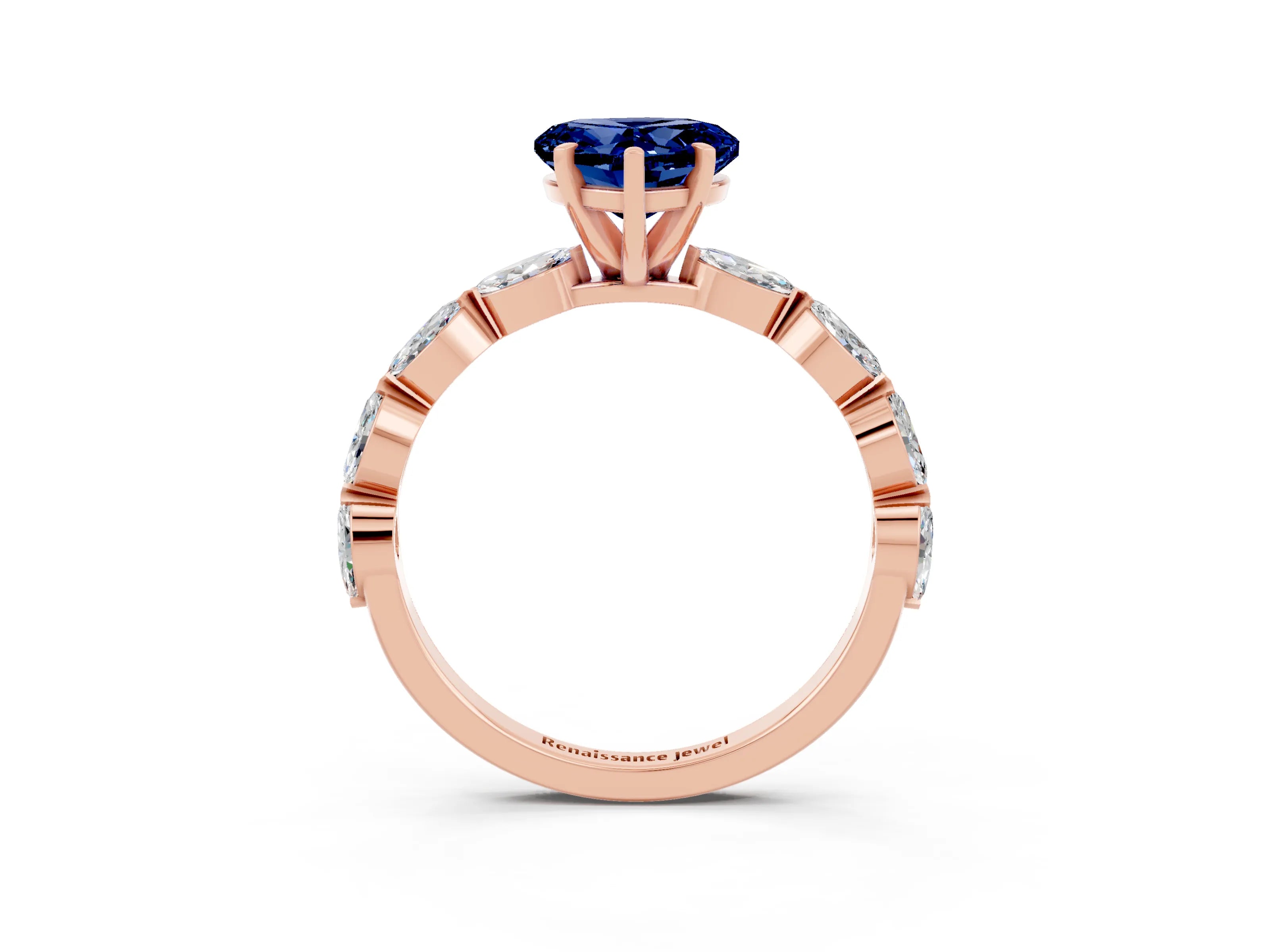 Rose gold Heart Cut Blue Sapphire Ring with Marquise Side Stones and Prong Setting_3