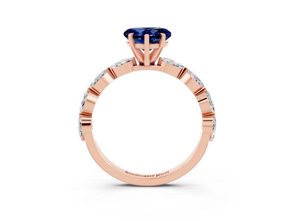 Rose gold Heart Cut Blue Sapphire Ring with Marquise Side Stones and Prong Setting