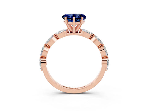 Rose gold Heart Cut Blue Sapphire Ring with Marquise Side Stones and Prong Setting_3