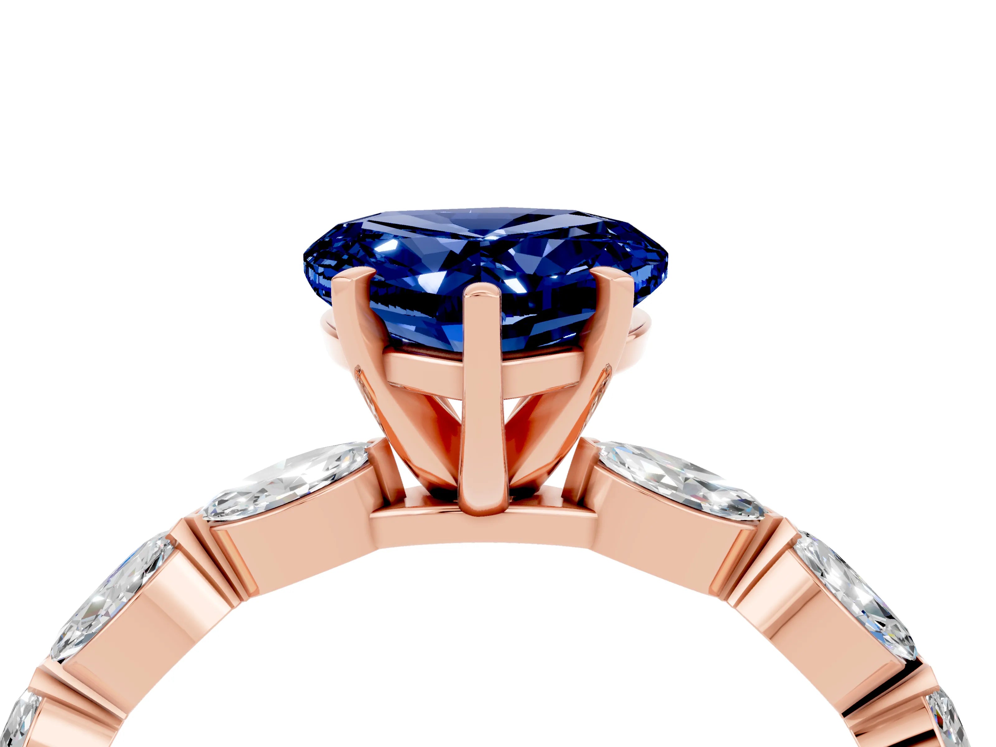 Rose gold Heart Cut Blue Sapphire Ring with Marquise Side Stones and Prong Setting_4