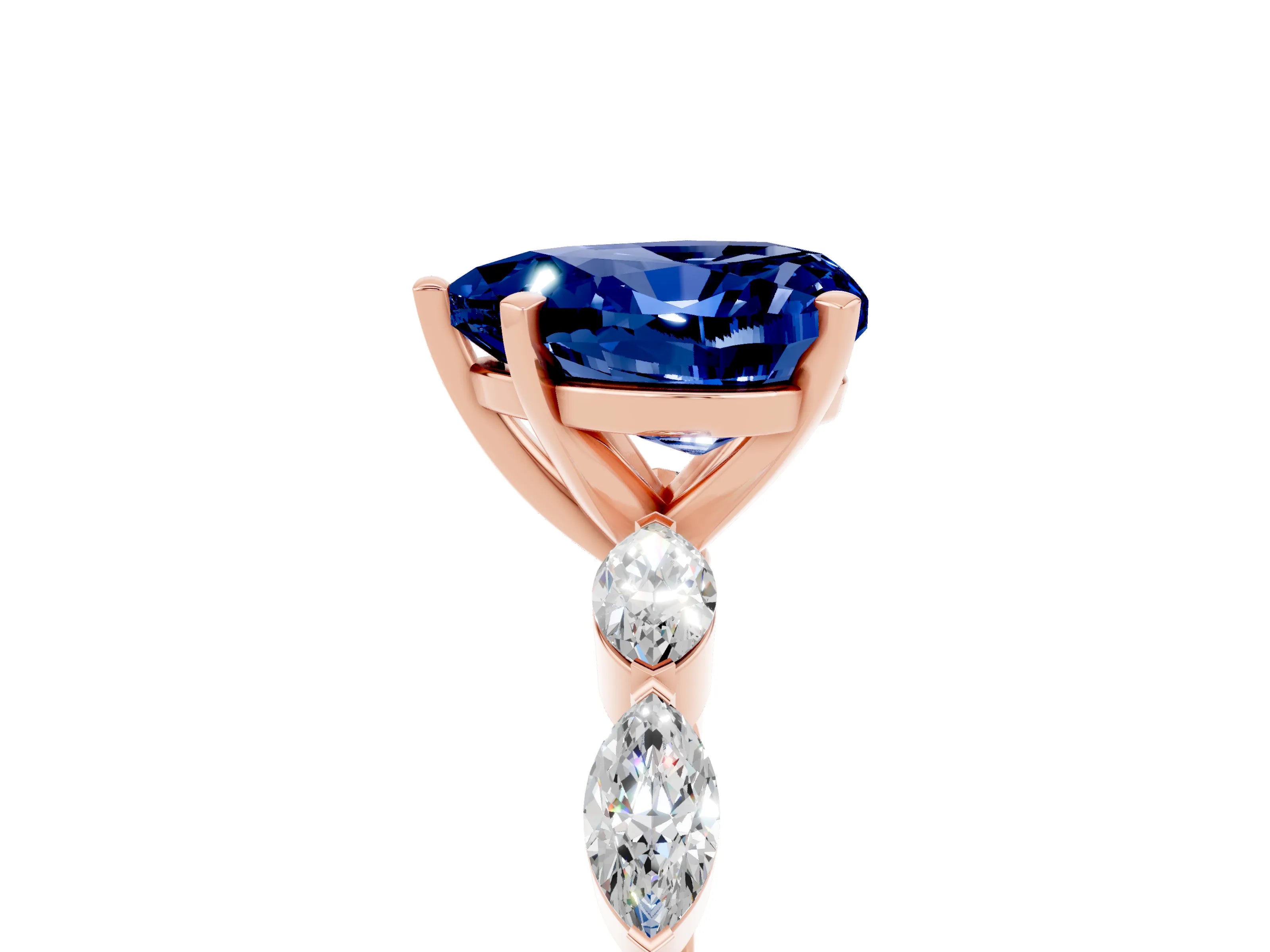 Rose gold Heart Cut Blue Sapphire Ring with Marquise Side Stones and Prong Setting_5