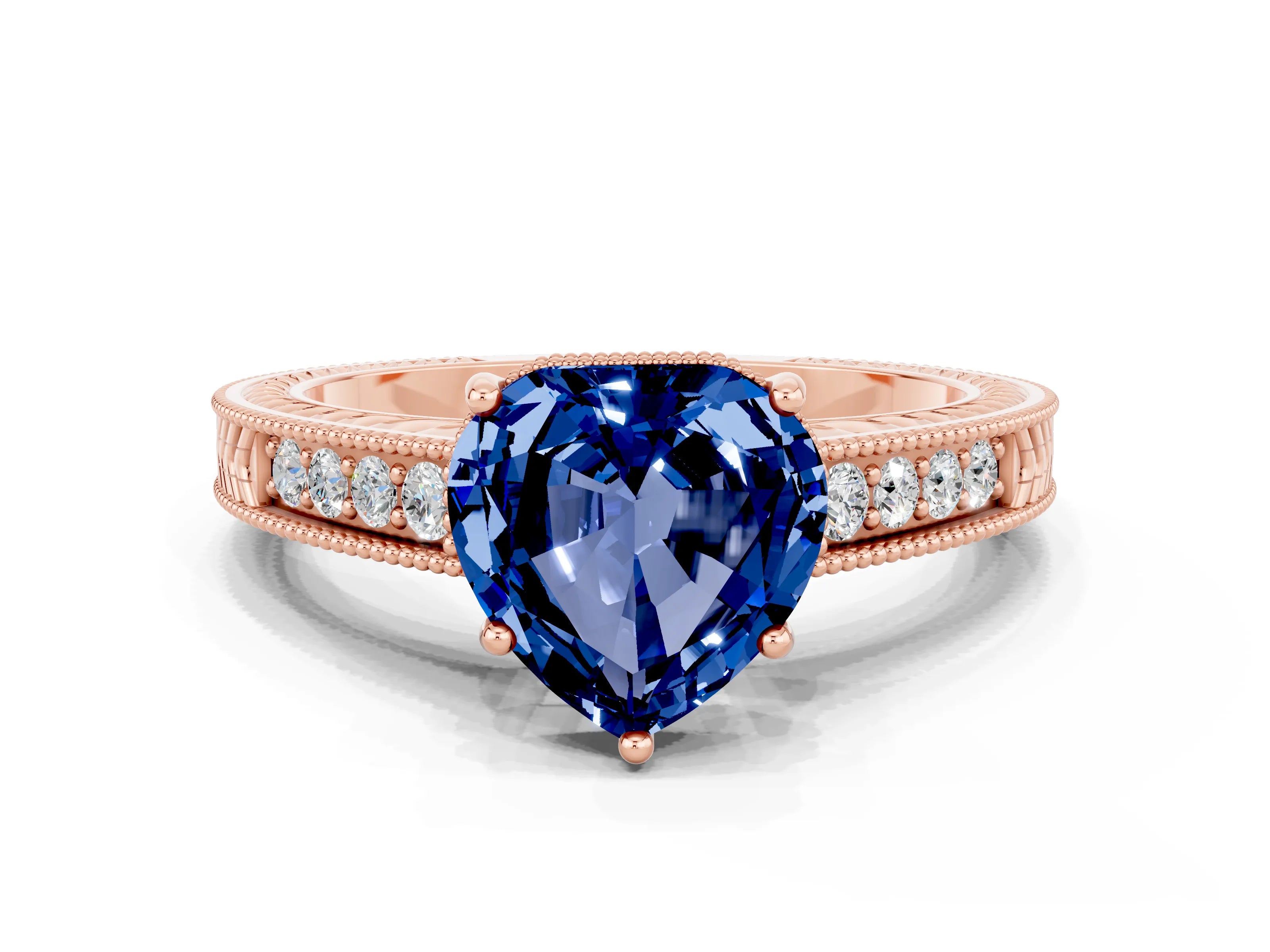 Rose gold Heart Cut Blue Sapphire Ring with Milgrain Pavé Band and Four-Prong Setting_12