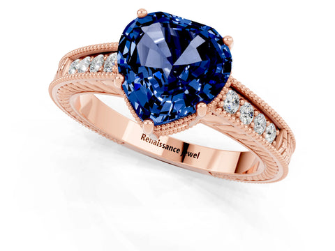 Rose gold Heart Cut Blue Sapphire Ring with Milgrain Pavé Band and Four-Prong Setting_13