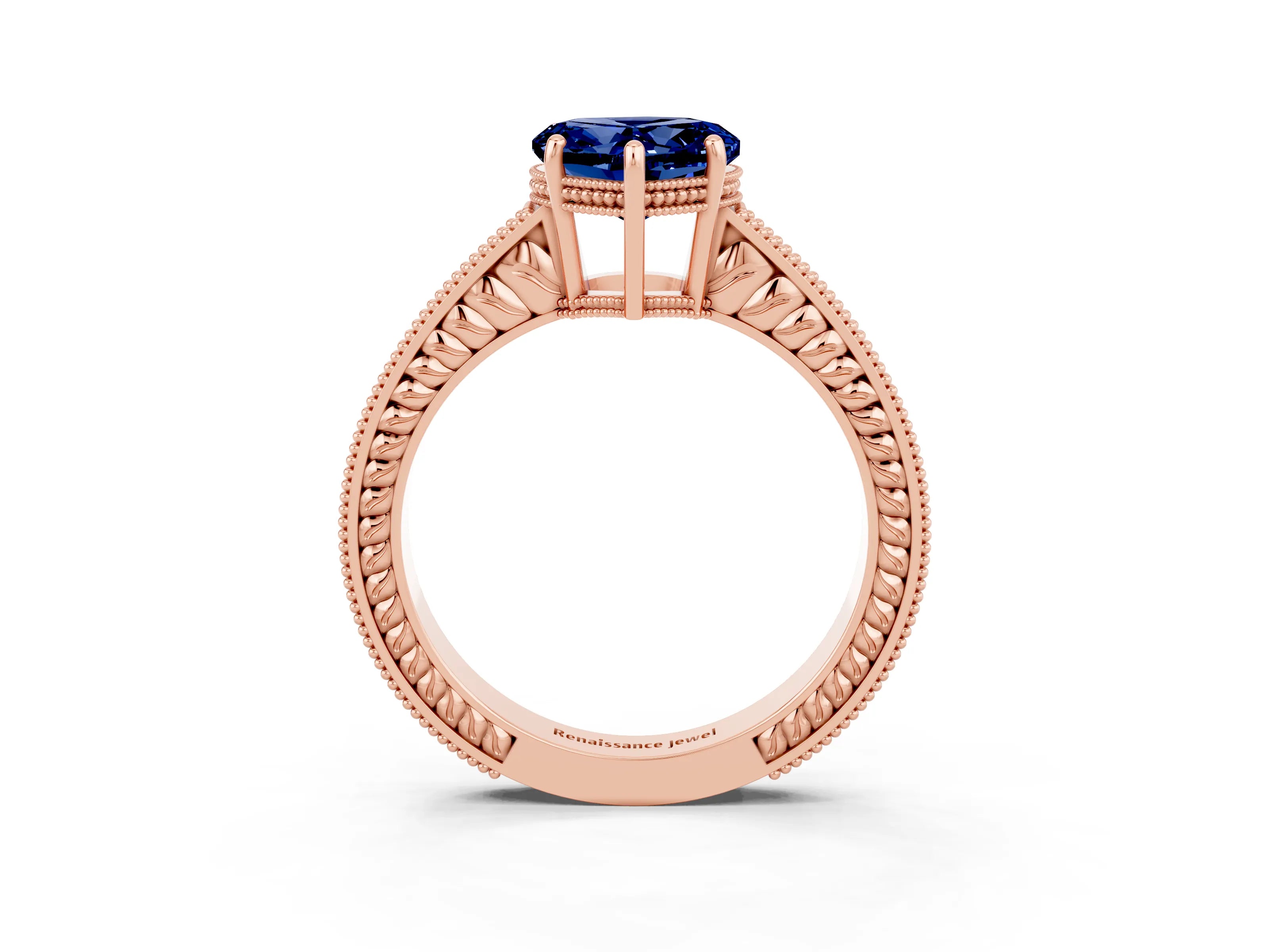 Rose gold Heart Cut Blue Sapphire Ring with Milgrain Pavé Band and Four-Prong Setting_15