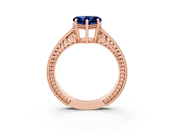 Rose gold Heart Cut Blue Sapphire Ring with Milgrain Pavé Band and Four-Prong Setting