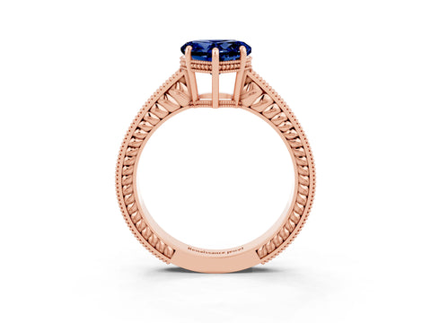 Rose gold Heart Cut Blue Sapphire Ring with Milgrain Pavé Band and Four-Prong Setting_15