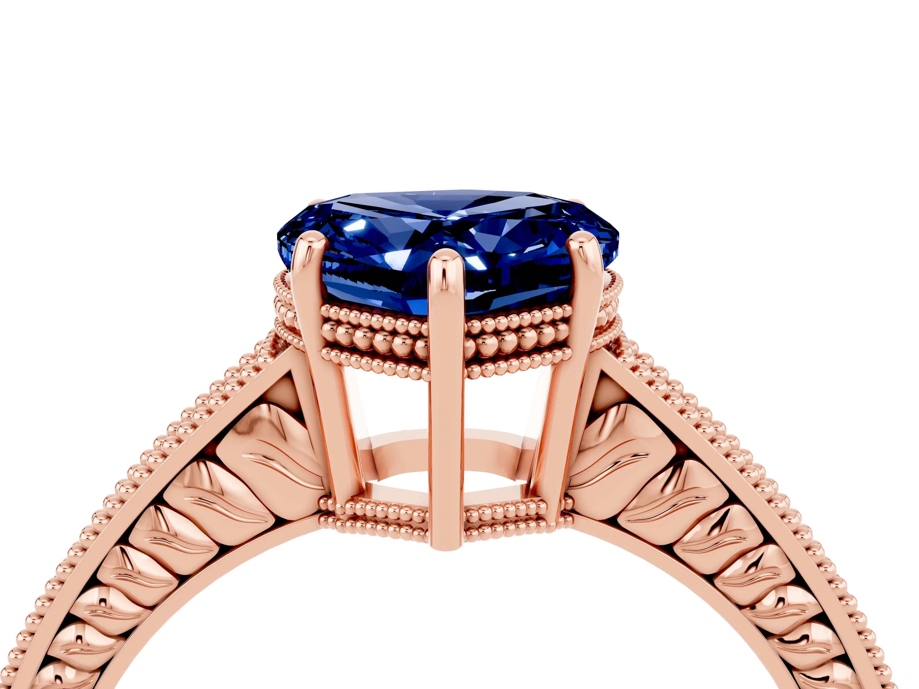 Rose gold Heart Cut Blue Sapphire Ring with Milgrain Pavé Band and Four-Prong Setting_16
