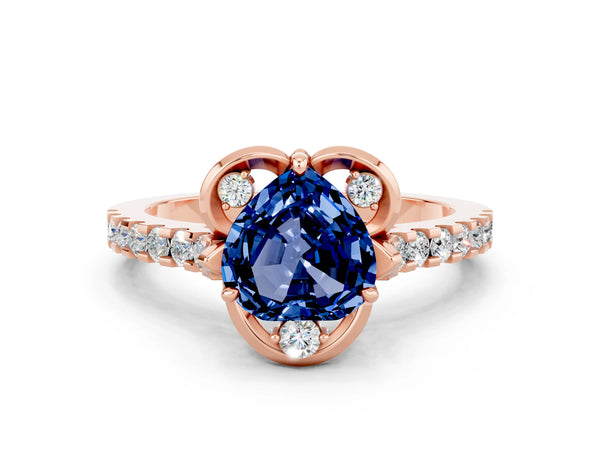 Rose gold Heart Cut Blue Sapphire Ring with Pavé Band and Floral Prong Setting
