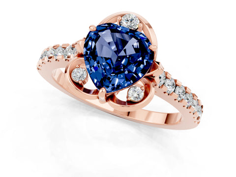 Rose gold Heart Cut Blue Sapphire Ring with Pavé Band and Floral Prong Setting_1