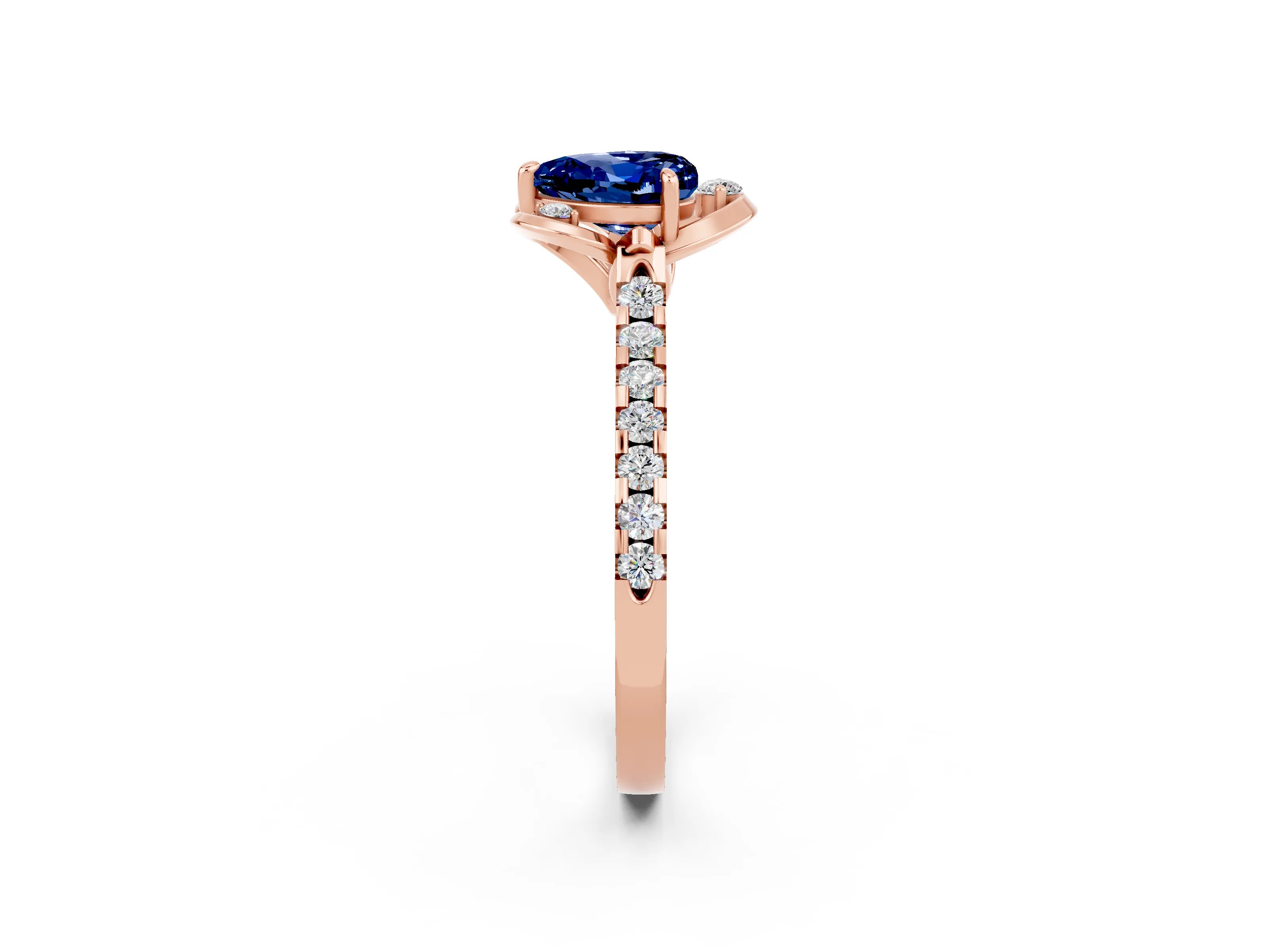Rose gold Heart Cut Blue Sapphire Ring with Pavé Band and Floral Prong Setting_2