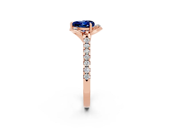 Rose gold Heart Cut Blue Sapphire Ring with Pavé Band and Floral Prong Setting