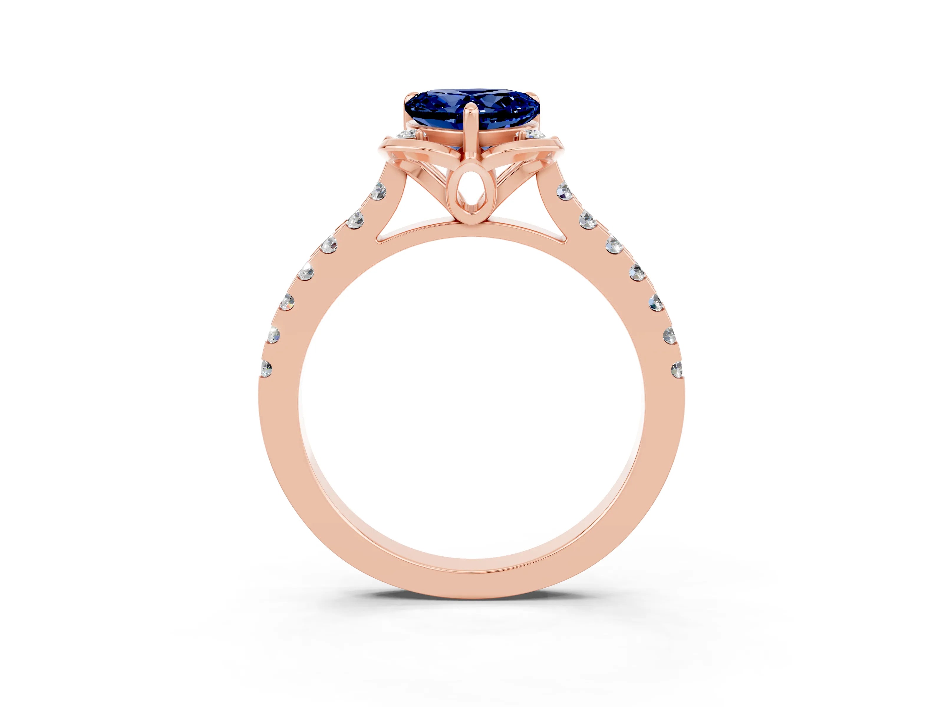 Rose gold Heart Cut Blue Sapphire Ring with Pavé Band and Floral Prong Setting_3