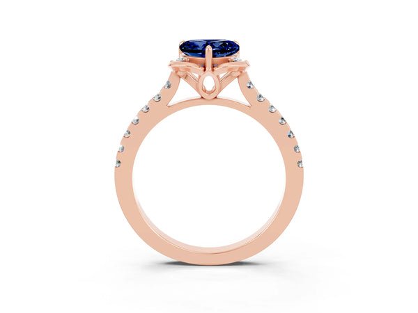 Rose gold Heart Cut Blue Sapphire Ring with Pavé Band and Floral Prong Setting