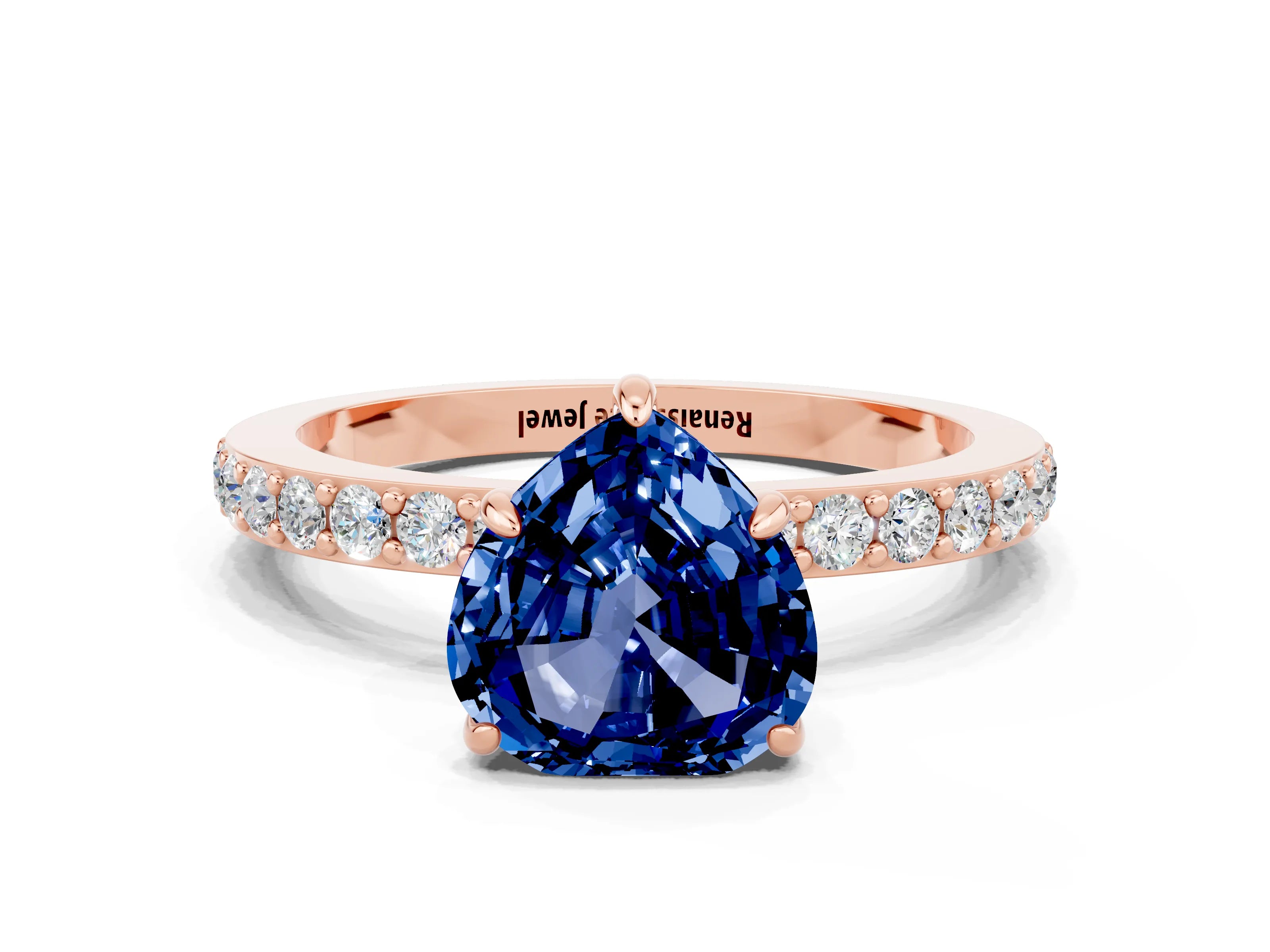Rose gold Heart Cut Blue Sapphire Ring with Pavé Band and Four-Prong Setting
