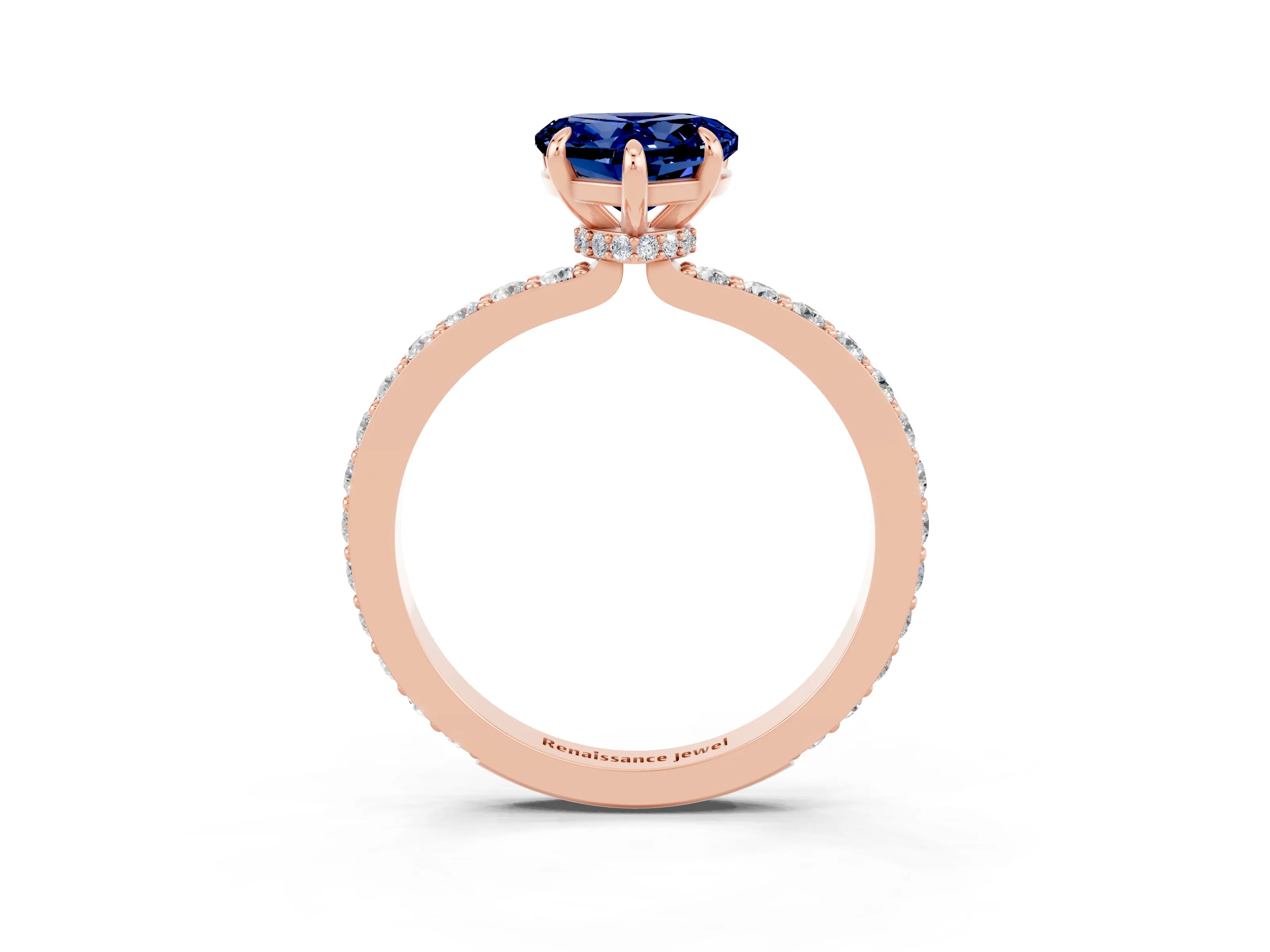 Rose gold Heart Cut Blue Sapphire Ring with Pavé Band and Four-Prong Setting_3