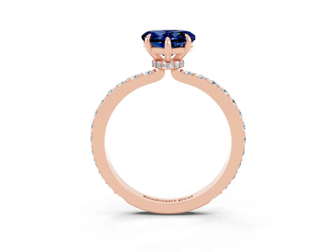 Rose gold Heart Cut Blue Sapphire Ring with Pavé Band and Four-Prong Setting_3