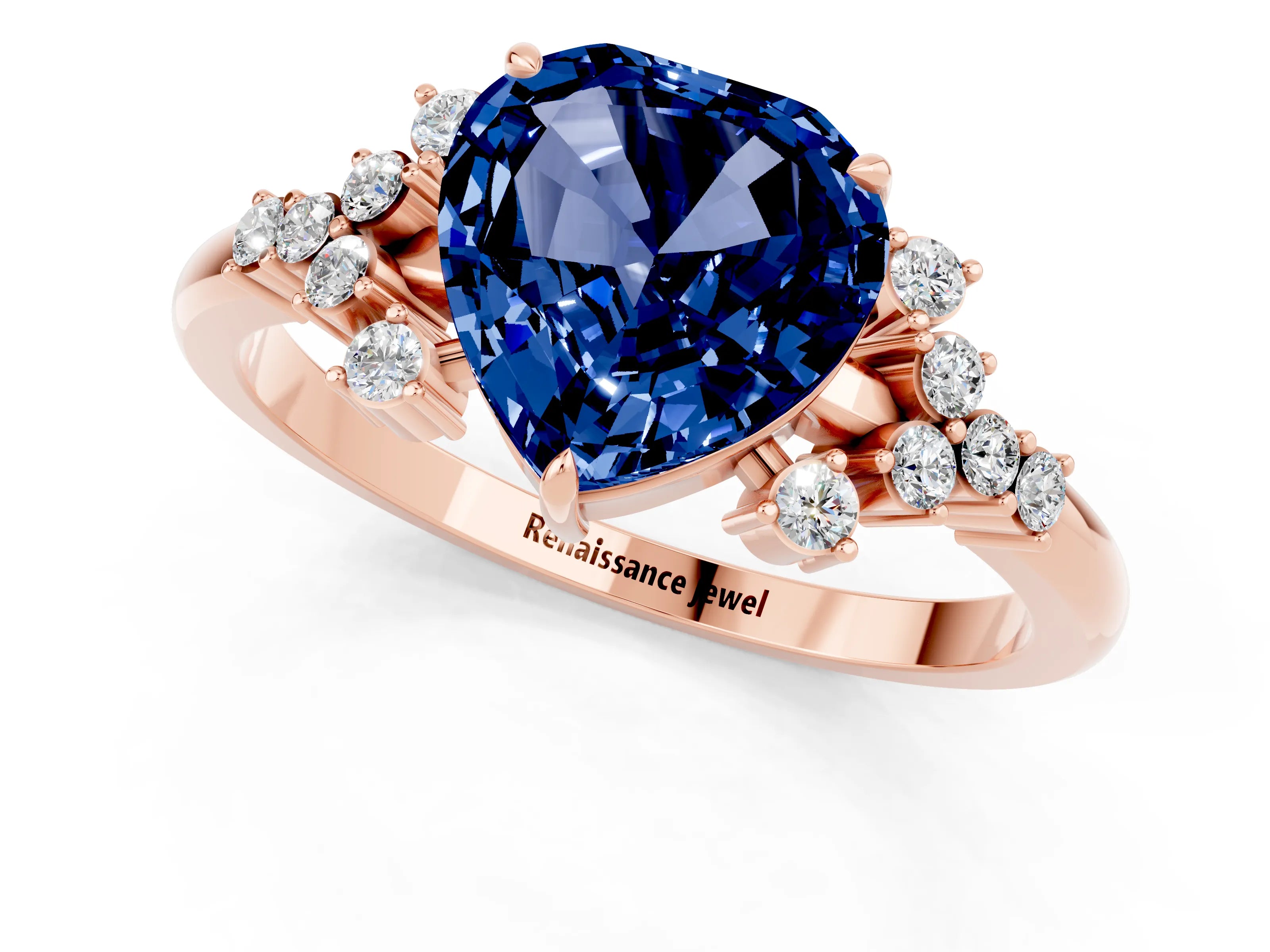 Rose gold Heart Cut Blue Sapphire Ring with Side Stones and Four-Prong Setting_37