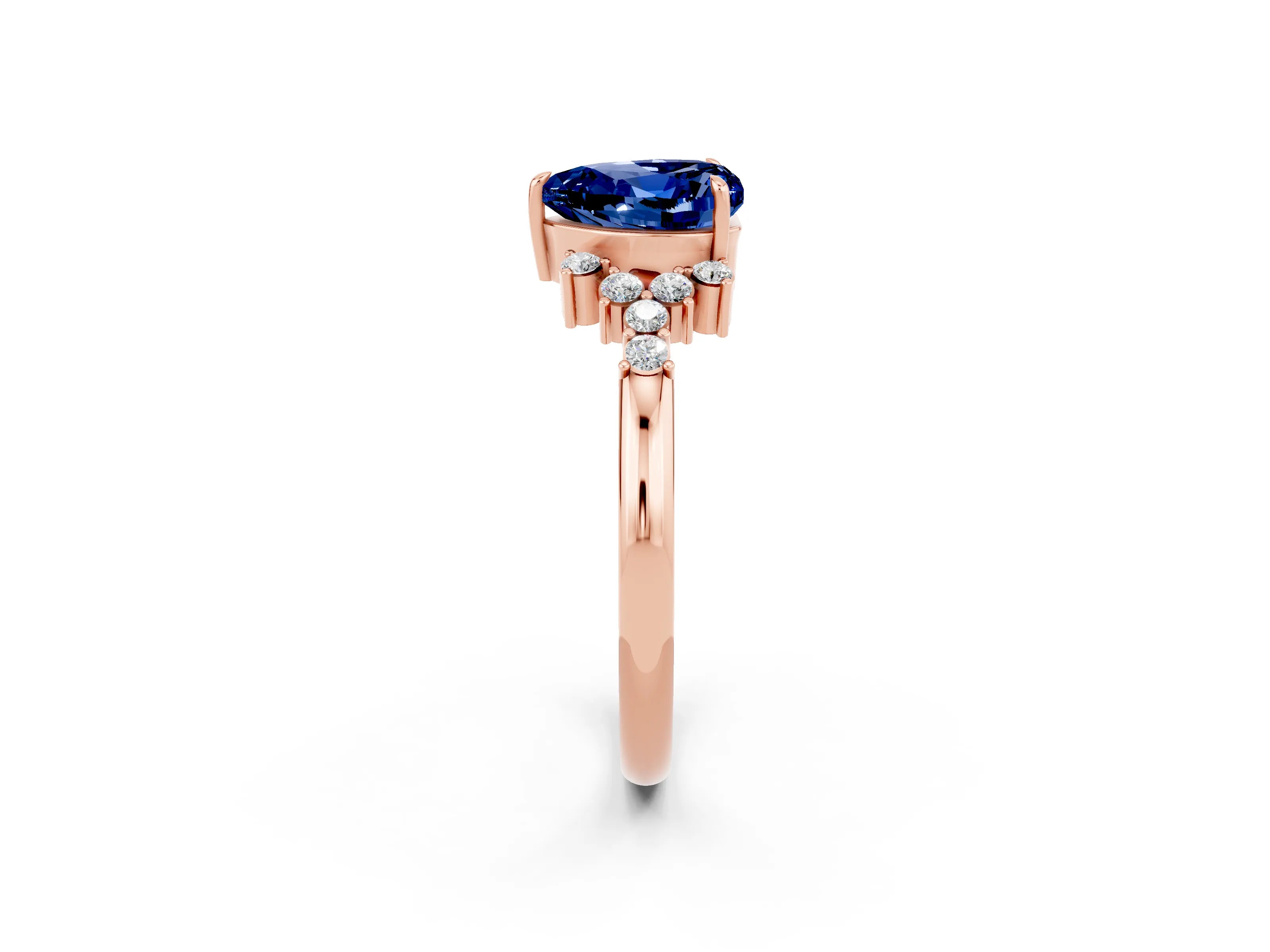 Rose gold Heart Cut Blue Sapphire Ring with Side Stones and Four-Prong Setting_38