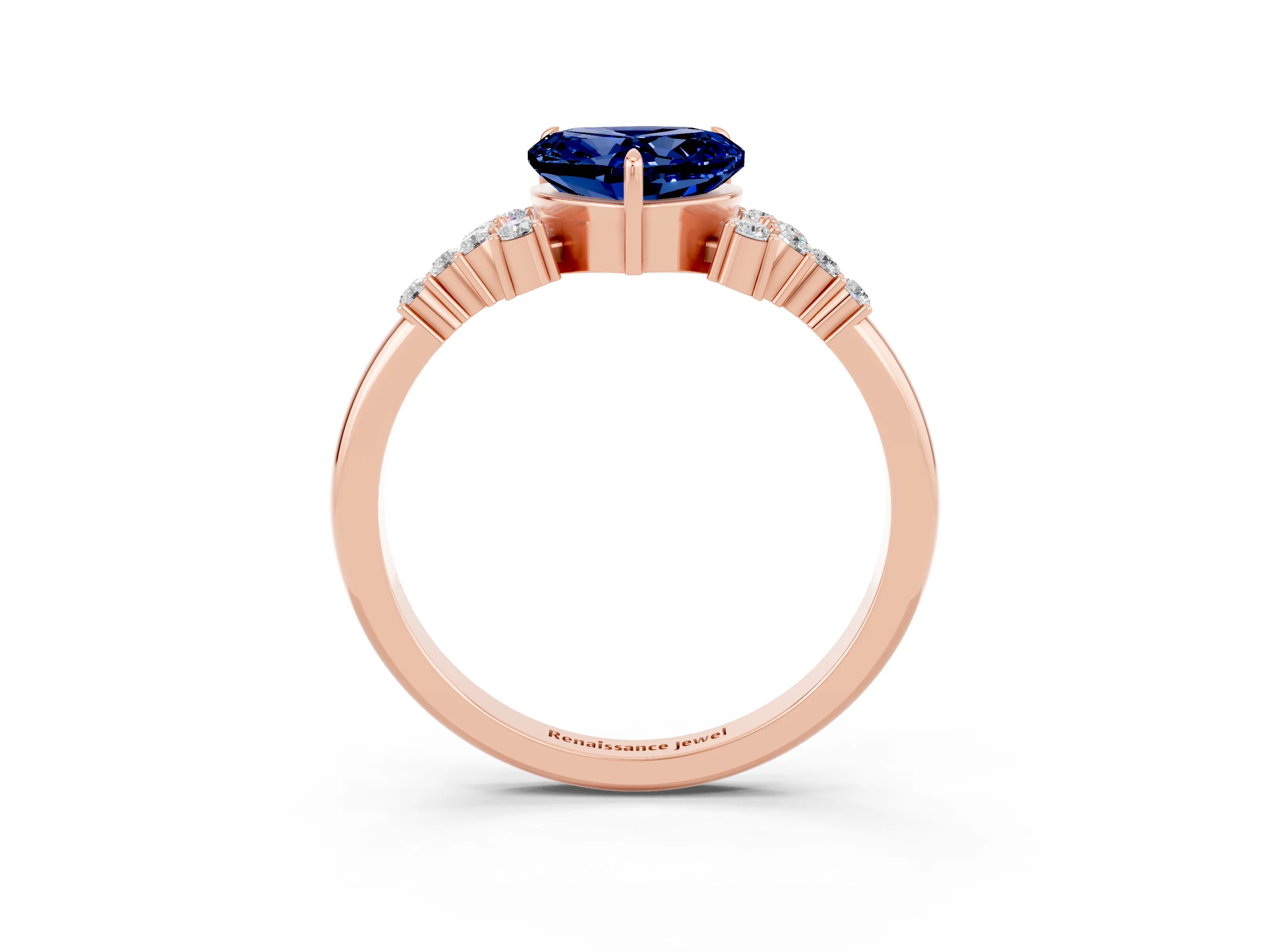 Rose gold Heart Cut Blue Sapphire Ring with Side Stones and Four-Prong Setting_39
