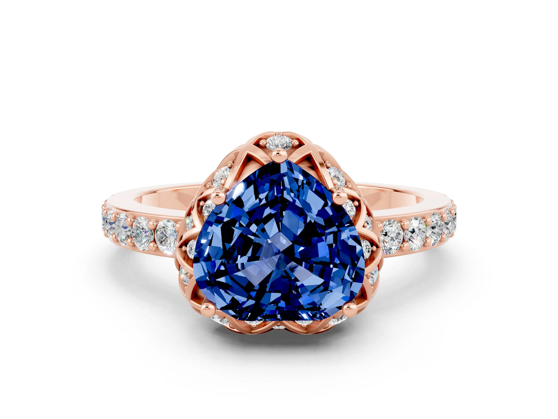 Rose gold Heart Cut Blue Sapphire Scalloped Halo Engagement Ring with Round Shared Prong Band_24