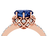 Rose gold Heart Cut Blue Sapphire Scalloped Halo Engagement Ring with Round Shared Prong Band_28