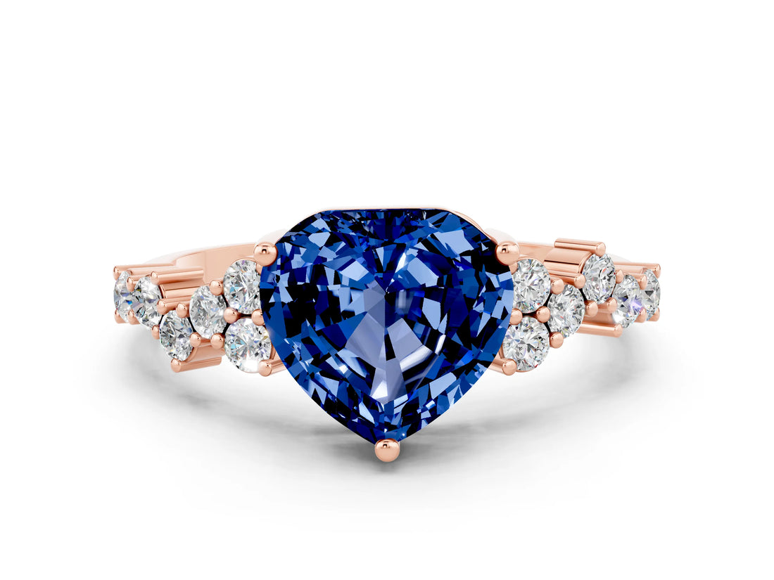 Rose gold Heart Cut Blue Sapphire Scattered Round Accent Ring with Prong Setting_12