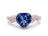 Rose gold Heart Cut Blue Sapphire Scattered Round Accent Ring with Prong Setting_12