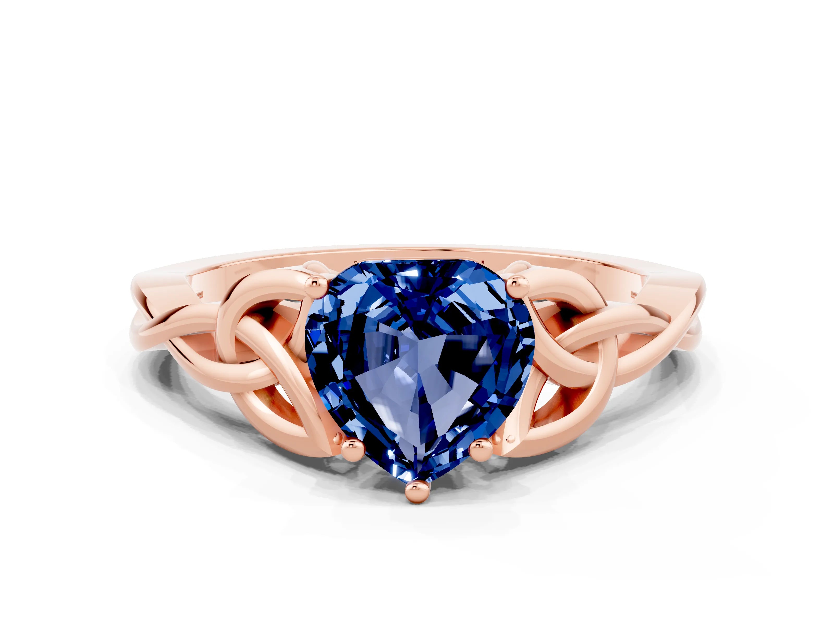 Rose gold Heart Cut Blue Sapphire Solitaire Celtic Knot Ring with Four-Prong Setting_12