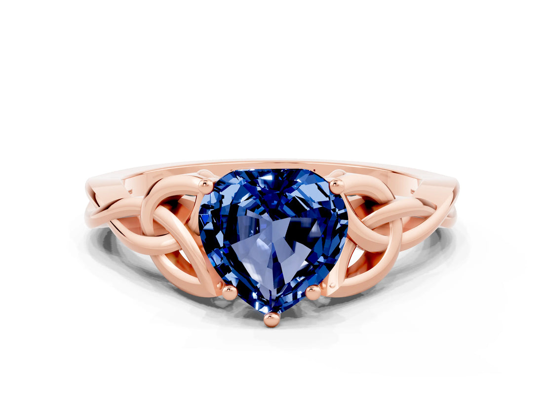 Rose gold Heart Cut Blue Sapphire Solitaire Celtic Knot Ring with Four-Prong Setting_12