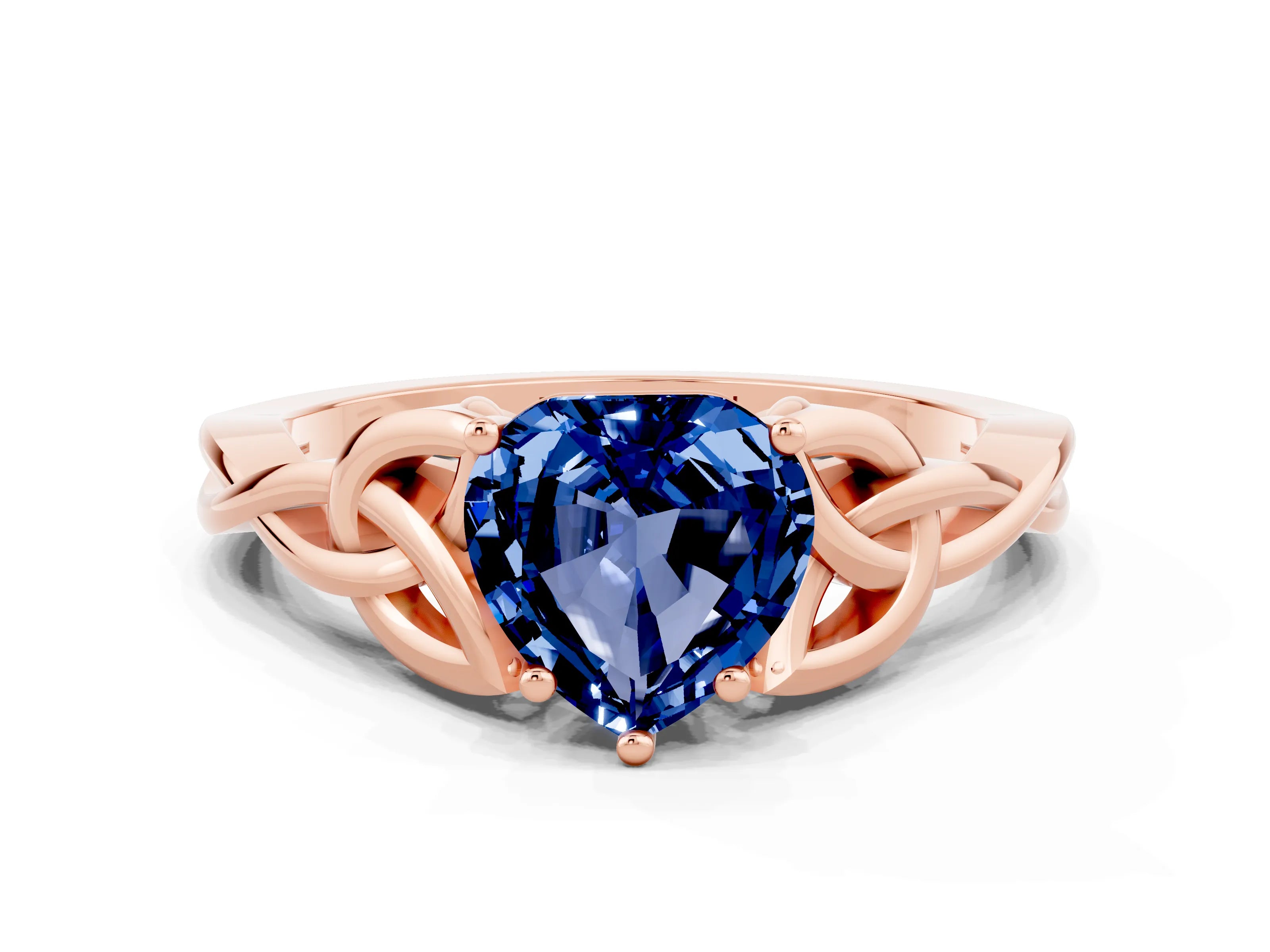 Rose gold Heart Cut Blue Sapphire Solitaire Engagement Ring with Celtic Knot Band and Four-Prong Setting
