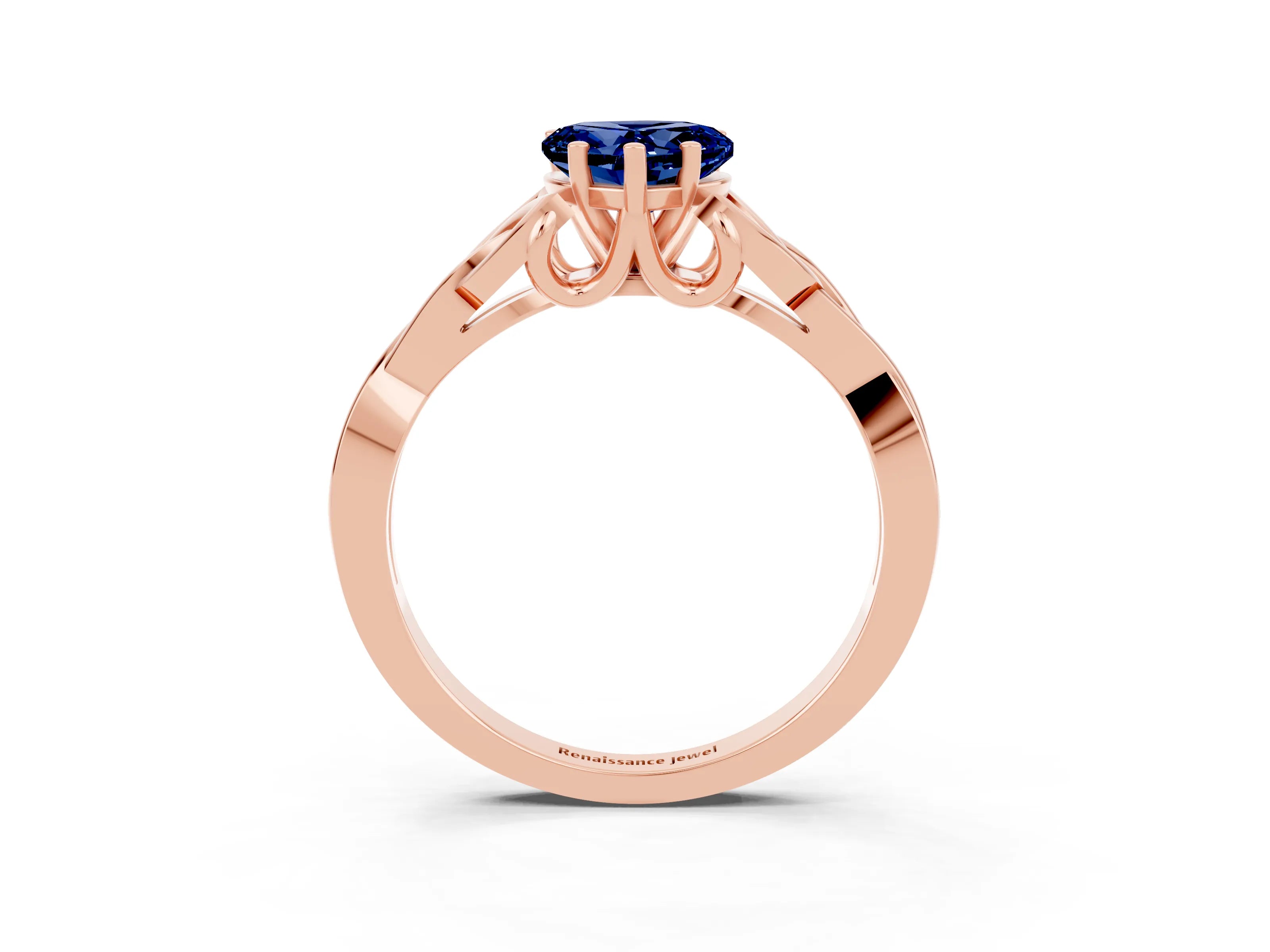 Rose gold Heart Cut Blue Sapphire Solitaire Engagement Ring with Celtic Knot Band and Four-Prong Setting_3