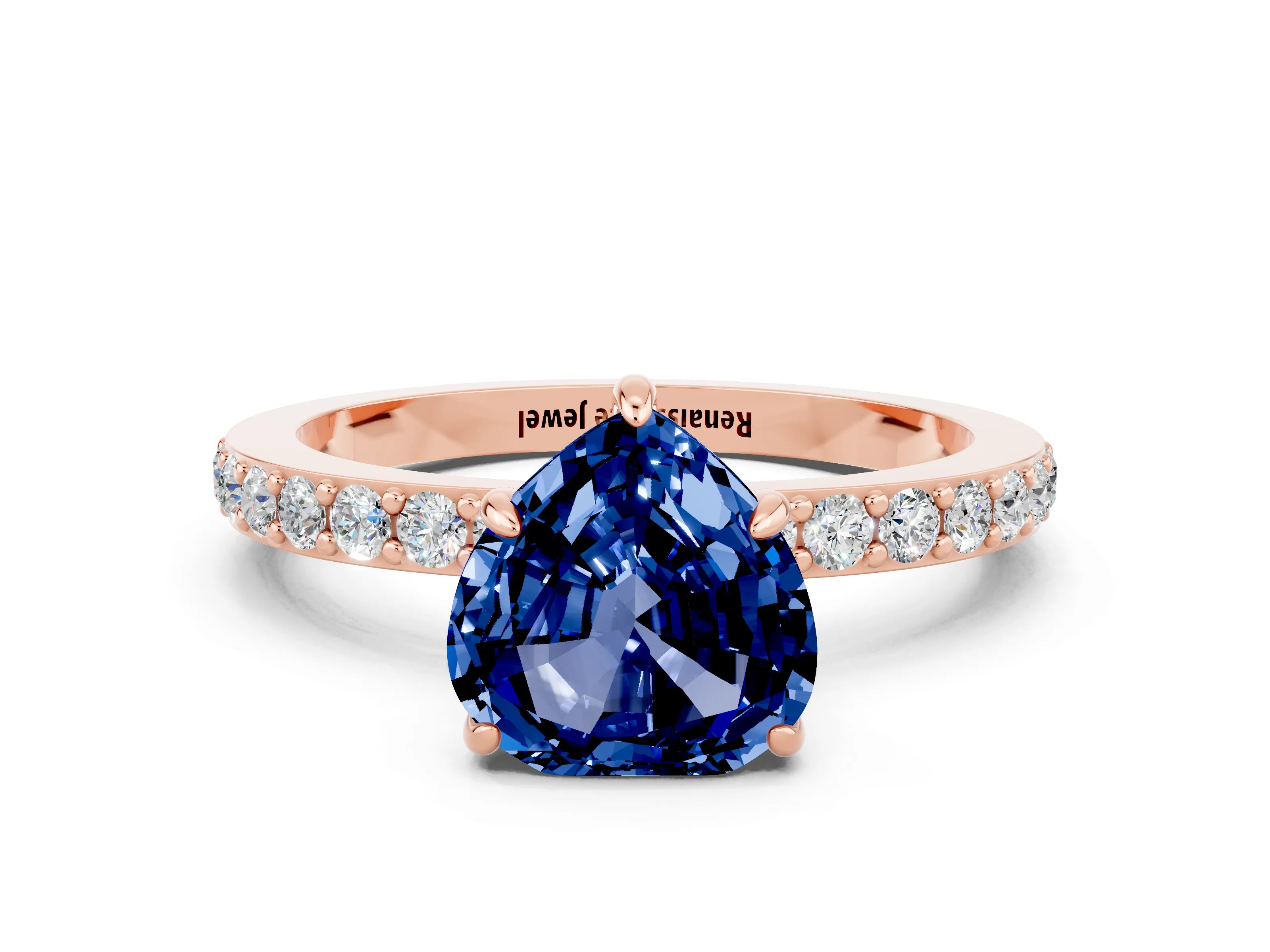 Rose gold Heart Cut Blue Sapphire Solitaire Engagement Ring with Pavé Band and Four-Prong Setting