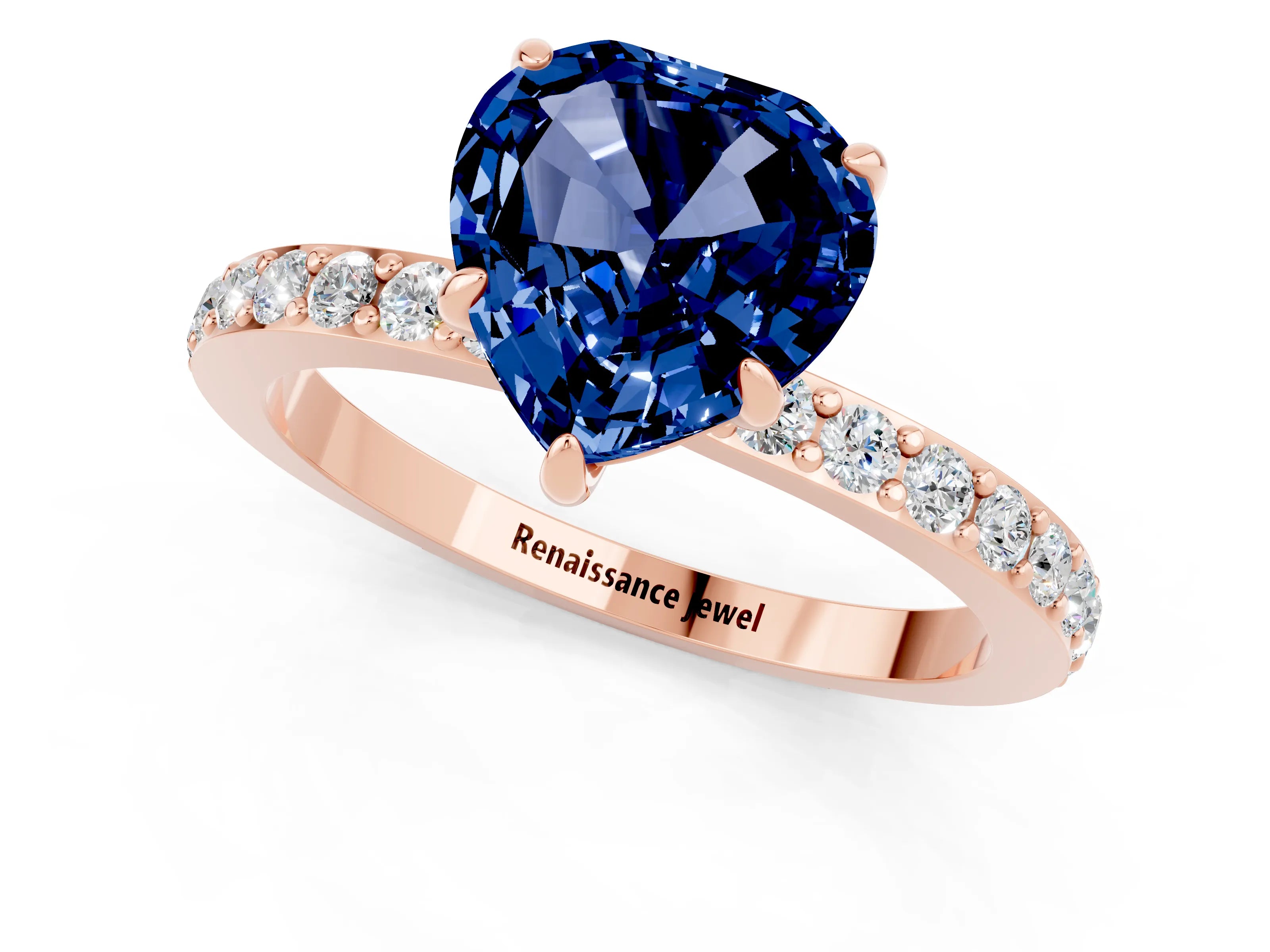 Rose gold Heart Cut Blue Sapphire Solitaire Engagement Ring with Pavé Band and Four-Prong Setting_1