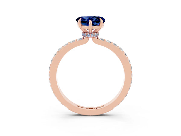 Rose gold Heart Cut Blue Sapphire Solitaire Engagement Ring with Pavé Band and Four-Prong Setting