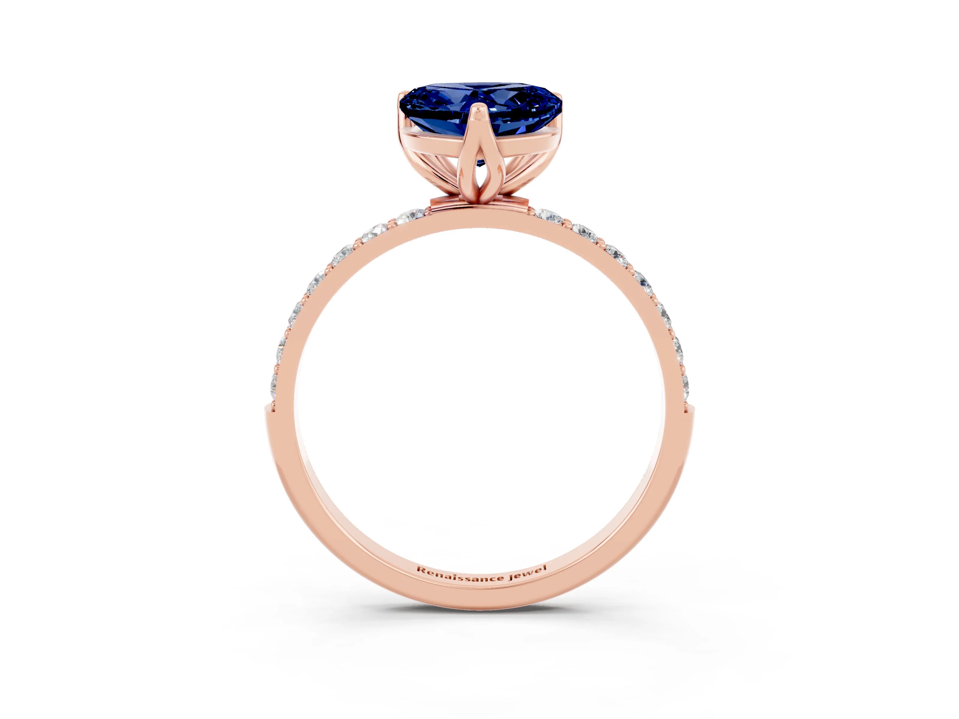 Rose gold Heart Cut Blue Sapphire Solitaire Engagement Ring with Pavé Band and Prong Setting_3