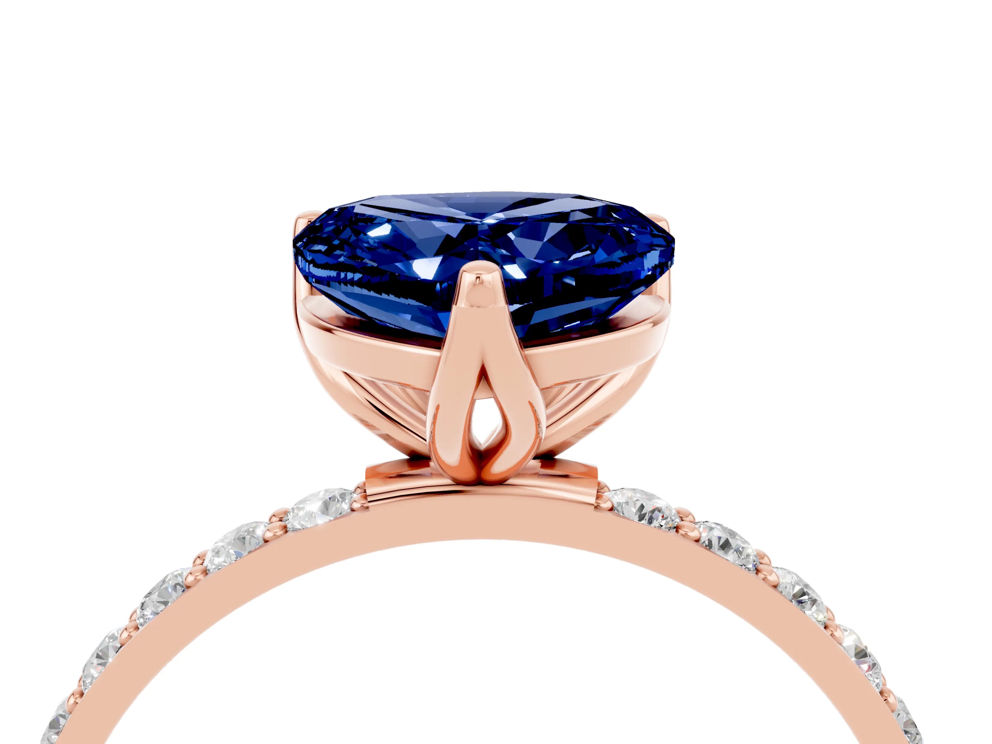 Rose gold Heart Cut Blue Sapphire Solitaire Engagement Ring with Pavé Band and Prong Setting_4