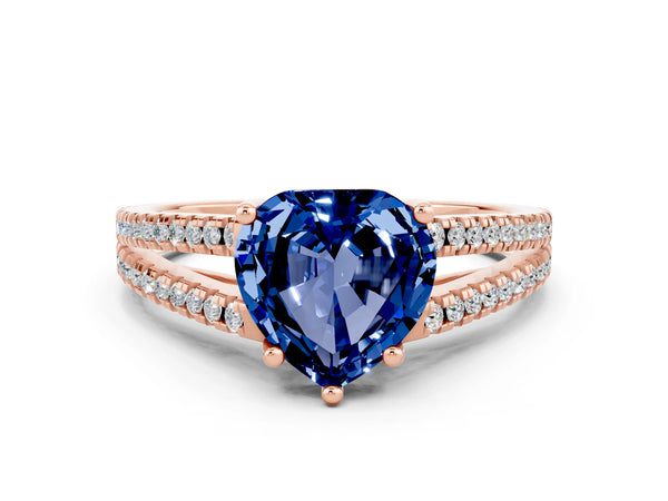 Rose gold Heart Cut Blue Sapphire Solitaire Engagement Ring with Split Shank Pavé Band