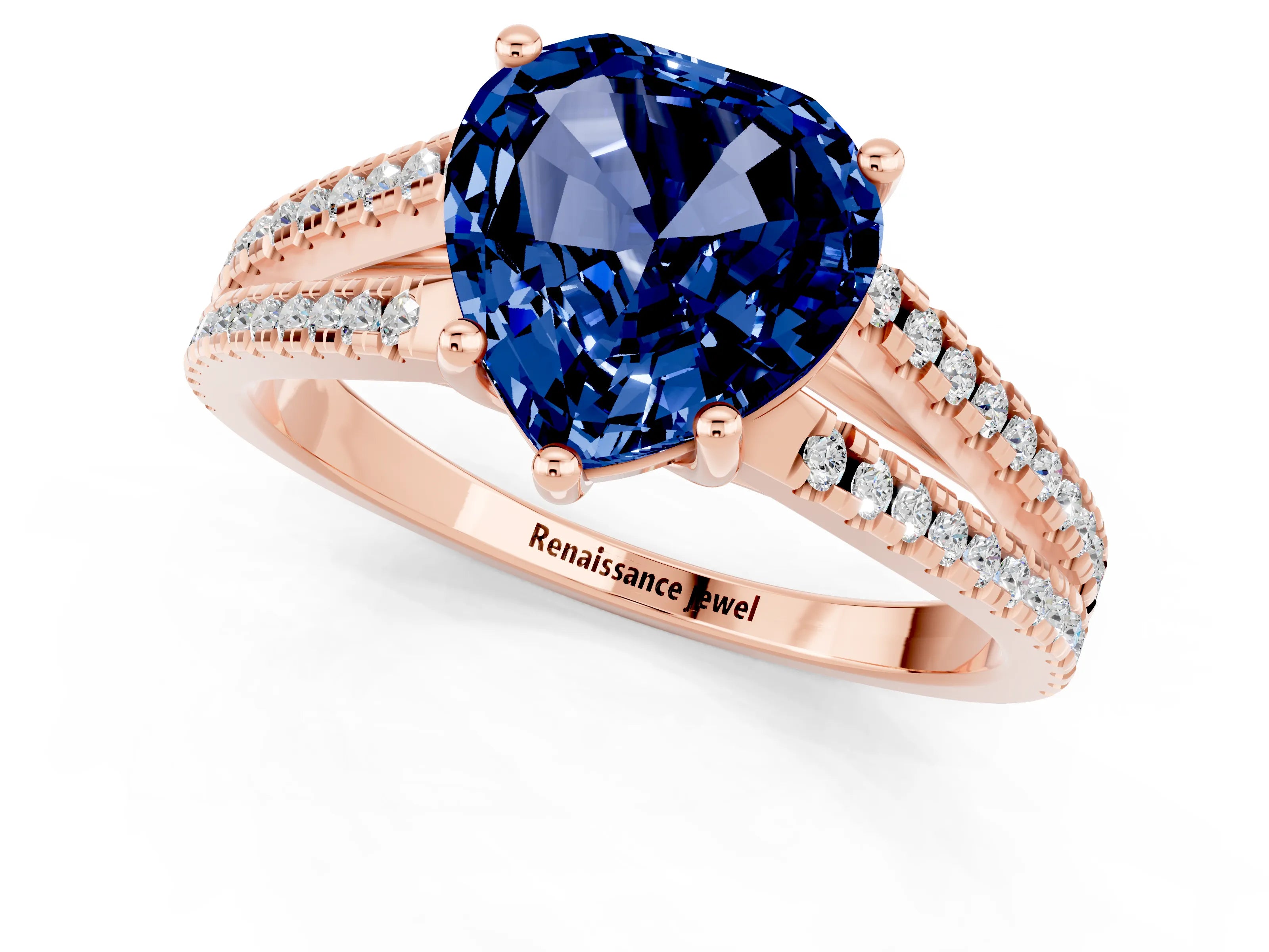 Rose gold Heart Cut Blue Sapphire Solitaire Engagement Ring with Split Shank Pavé Band_1