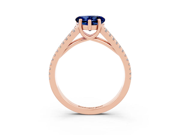 Rose gold Heart Cut Blue Sapphire Solitaire Engagement Ring with Split Shank Pavé Band