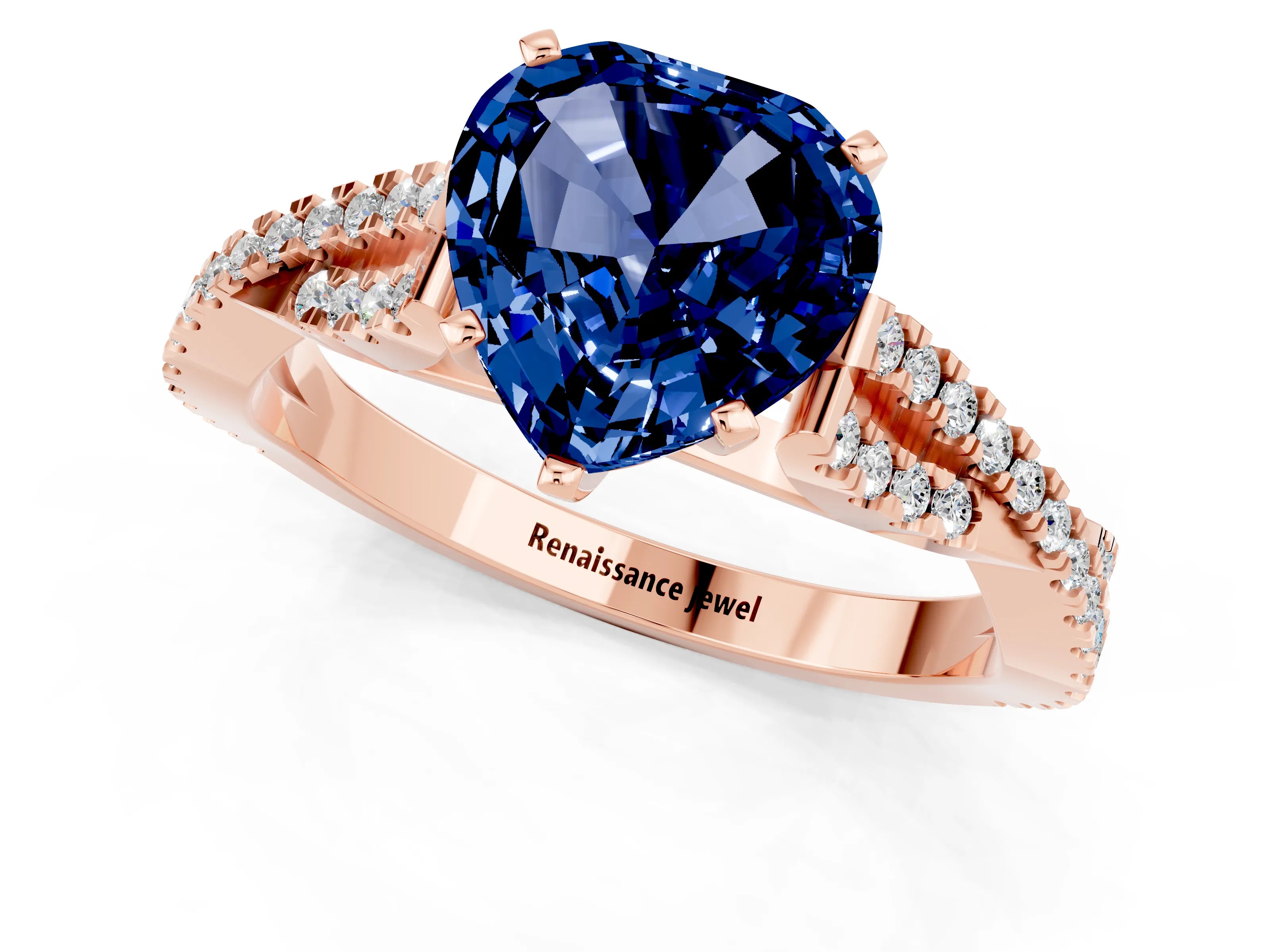 Rose gold Heart Cut Blue Sapphire Solitaire Engagement Ring with Twisted Pavé Band and Four-Prong Setting_13