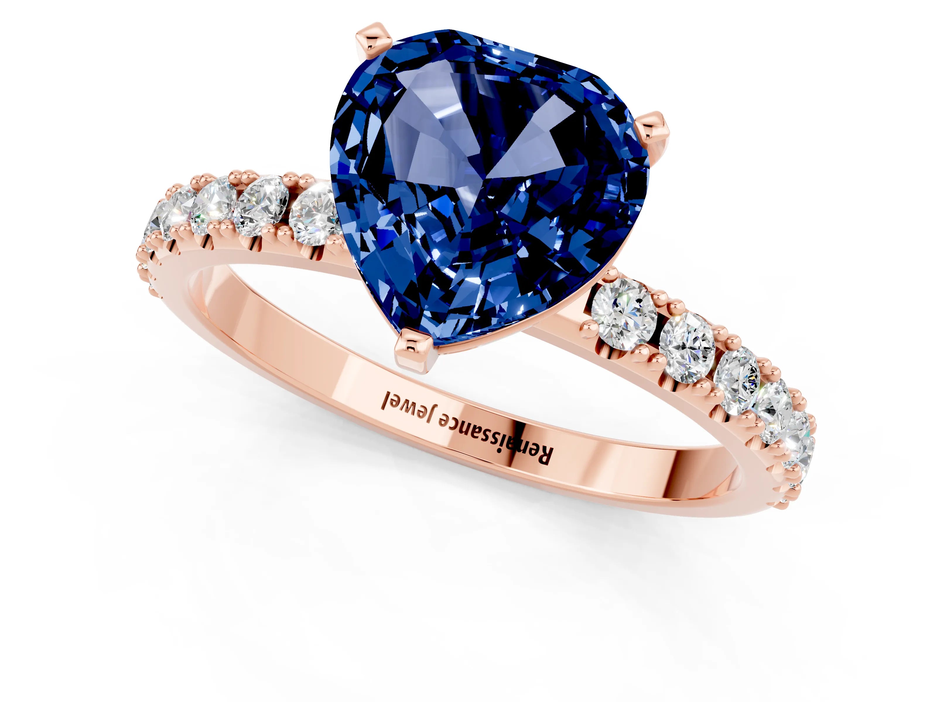 Rose gold Heart Cut Blue Sapphire Solitaire Pavé Band with Four-Prong Setting_1
