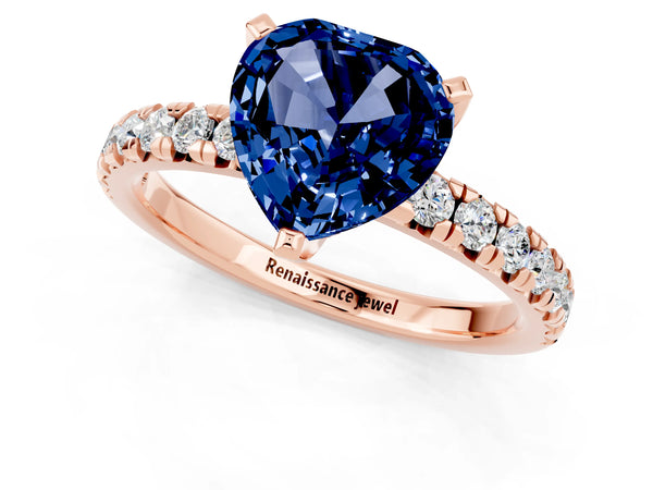 Rose gold Heart Cut Blue Sapphire Solitaire Pavé Engagement Ring with Round Band and Prong Setting