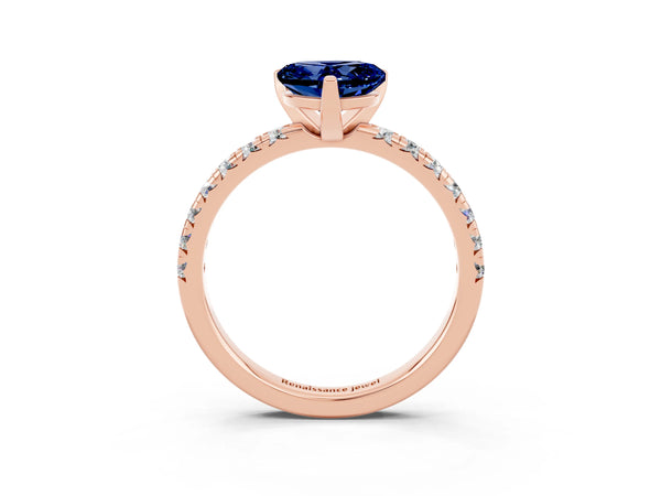 Rose gold Heart Cut Blue Sapphire Solitaire Pavé Engagement Ring with Round Band and Prong Setting