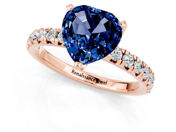 Rose gold Heart Cut Blue Sapphire Solitaire Pavé Engagement Ring with Round Band and Prong Setting